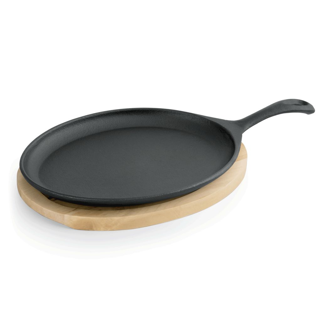 Servierpfanne WAS aus Gusseisen oval 25x18cm mit Holzuntersetzer