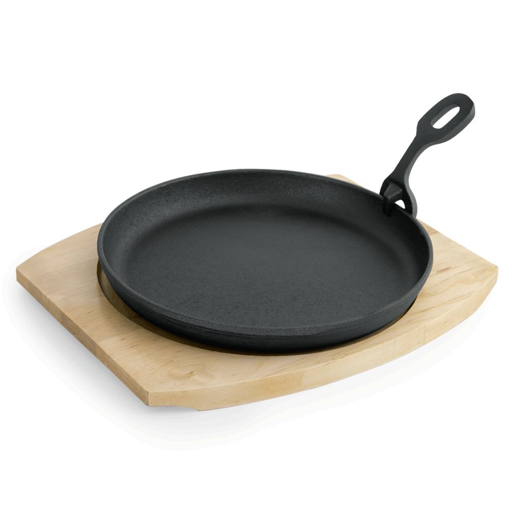 Servierpfanne WAS aus Gusseisen oval 27x23cm mit Holzuntersetzer 