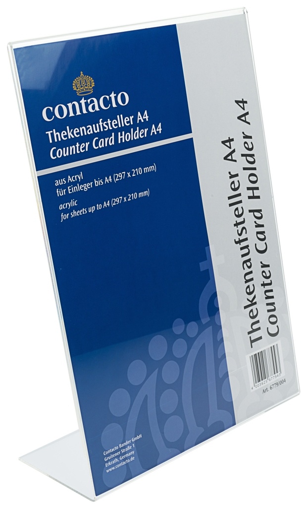 Thekenaufsteller Contacto aus Acryl in L-Form