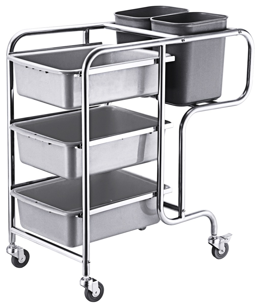 Abräumwagen aus Edelstahl mit drei Geschirrwannen