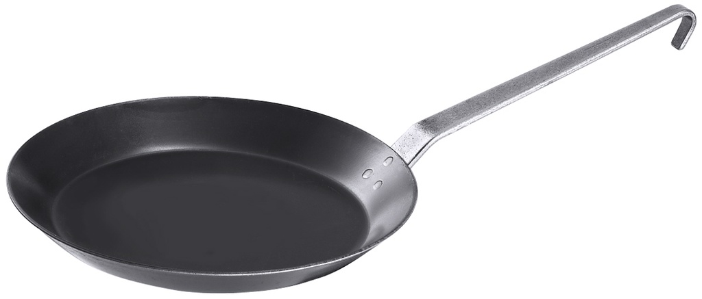 Lyoneser-Pfannen  mit Hakengriff aus ungeschwärztem schwarzen Stahl