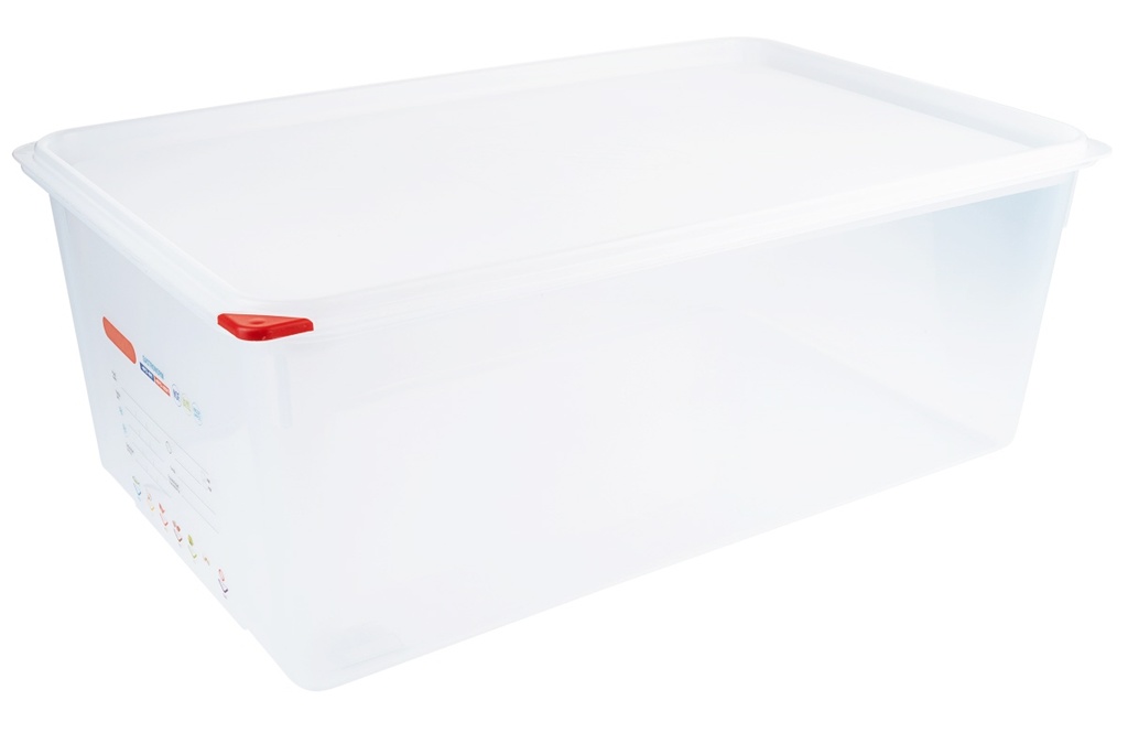 Gastronorm-Behälter aus Polypropylen mit Deckel und farbigem Clips aus Polypropylen