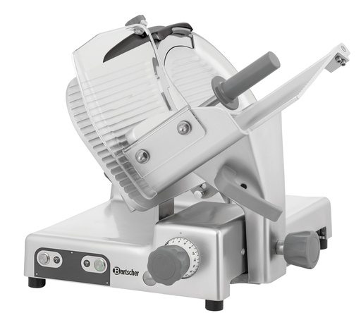 [BAR-174302] Aufschnittmaschine PRO 300-G Bartscher (250mm, 615mm, 547mm, 545mm, 0.4kW, Ausführung;Schrägschneider  Schwerkraftschneider ,Getriebemaschine Ausführung Schlitten;2 Griffe ,Abnehmbar ,Verchromt)