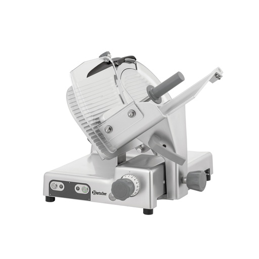 [BAR-174302] Aufschnittmaschine PRO 300-G Bartscher (250mm, 615mm, 547mm, 545mm, 0.4kW, Ausführung;Schrägschneider  Schwerkraftschneider ,Getriebemaschine Ausführung Schlitten;2 Griffe ,Abnehmbar ,Verchromt)
