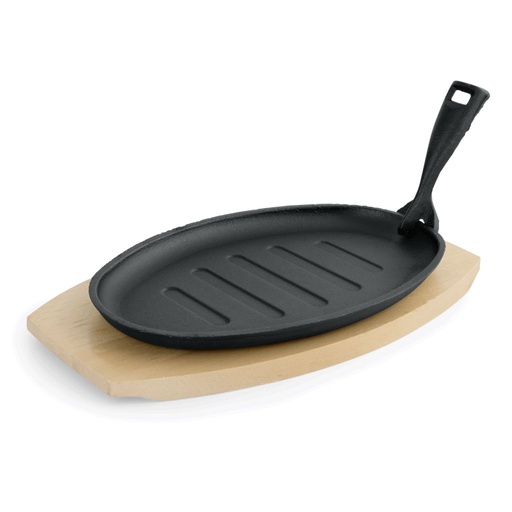 [WAS-3521300] Servierpfanne WAS Germany aus Gusseisen, gerillt-oval mit Holzuntersetzer