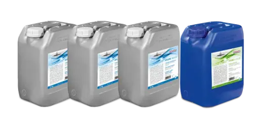 [ECO-HLSG-2] Starter-Paket HLSG-2, 3x11kg Reiniger/1x10 l Klarspüler für Gläserspülmaschinen mit Vollentsalzung Ecomax